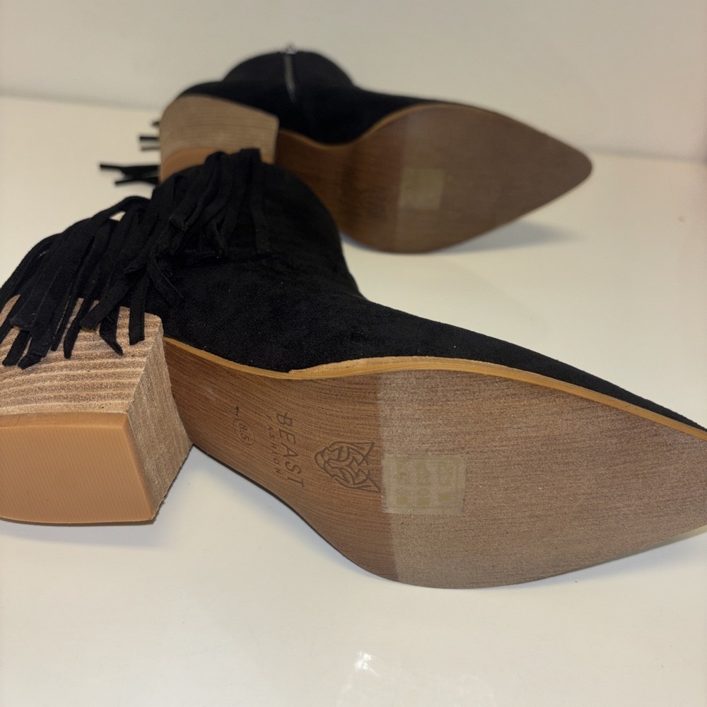 Beast Fashion Womens Black Fringe Ankle Boots Pointed Toe Block Heel Sz 8.5 NEW - Picture 8 of 9